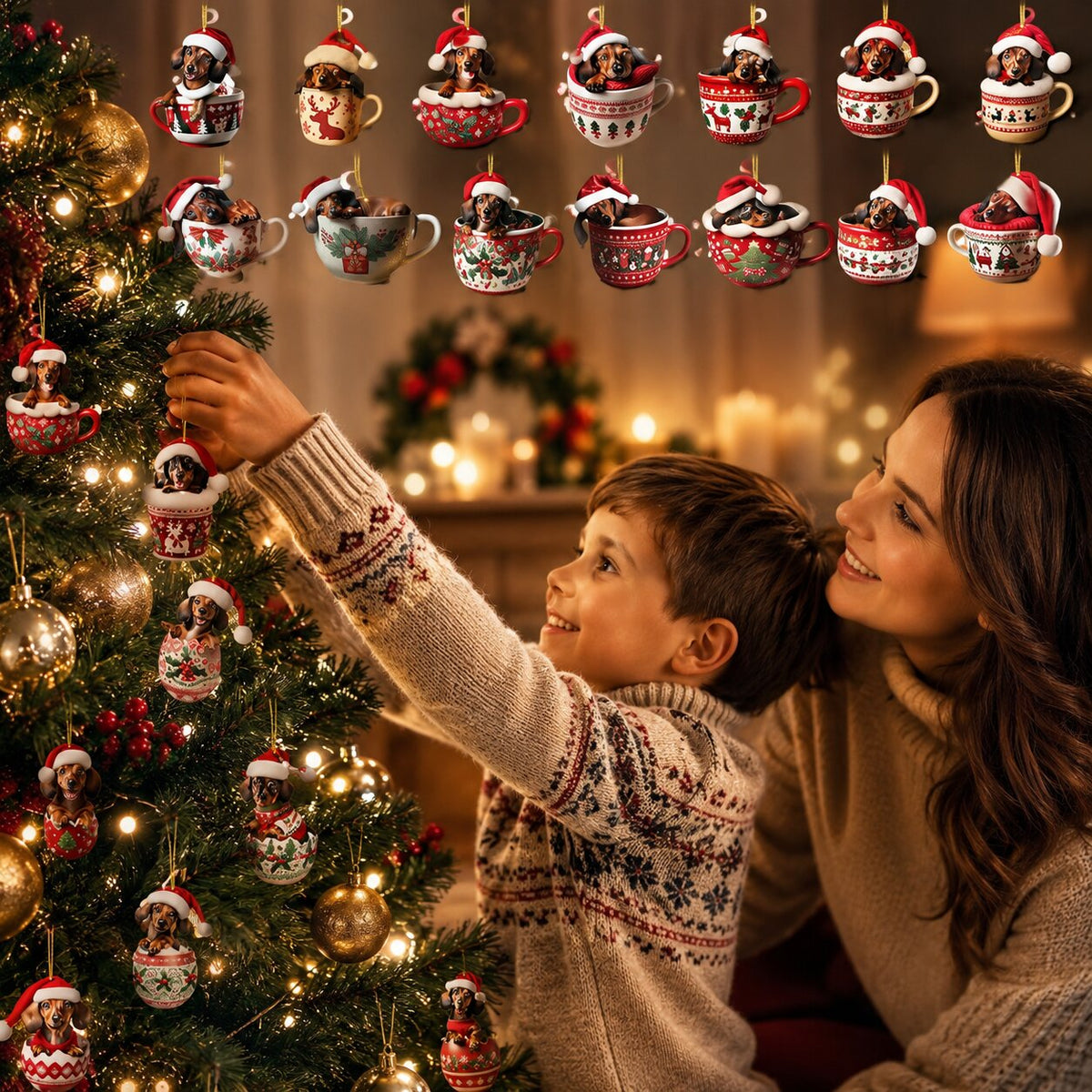Enfant et mère décorant le sapin avec les ornements teckels du calendrier