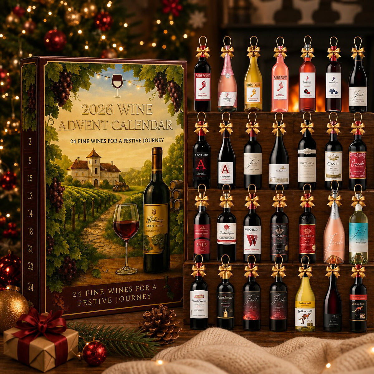 Calendrier de l'Avent vin 2026 et ses 24 ornements bouteilles à nœuds dorés