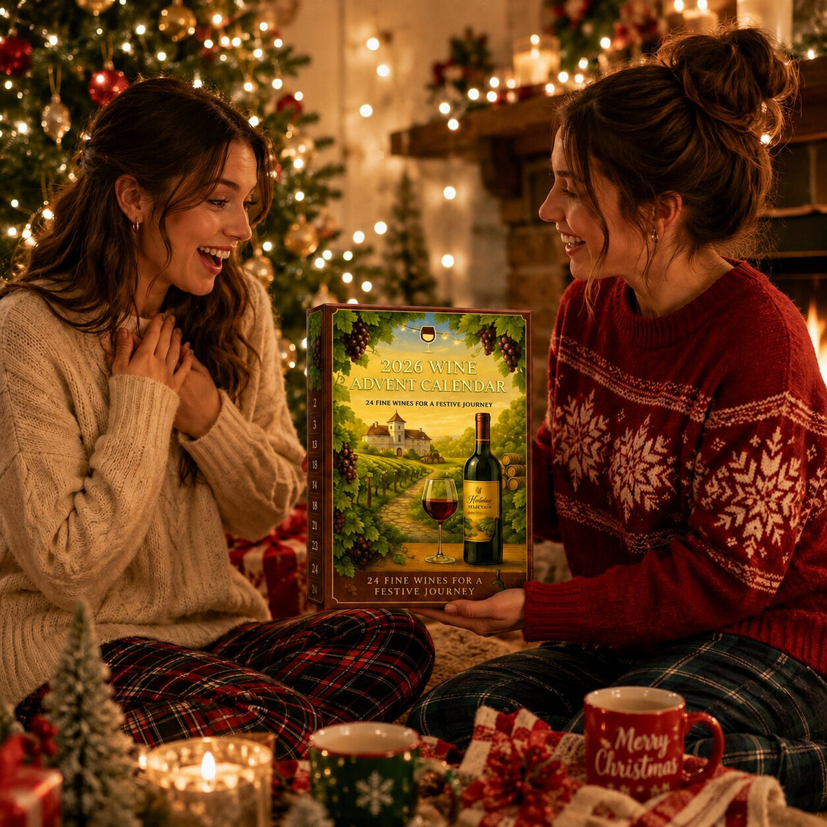 Deux femmes découvrant le calendrier de l'Avent vin 2026 devant le sapin illuminé