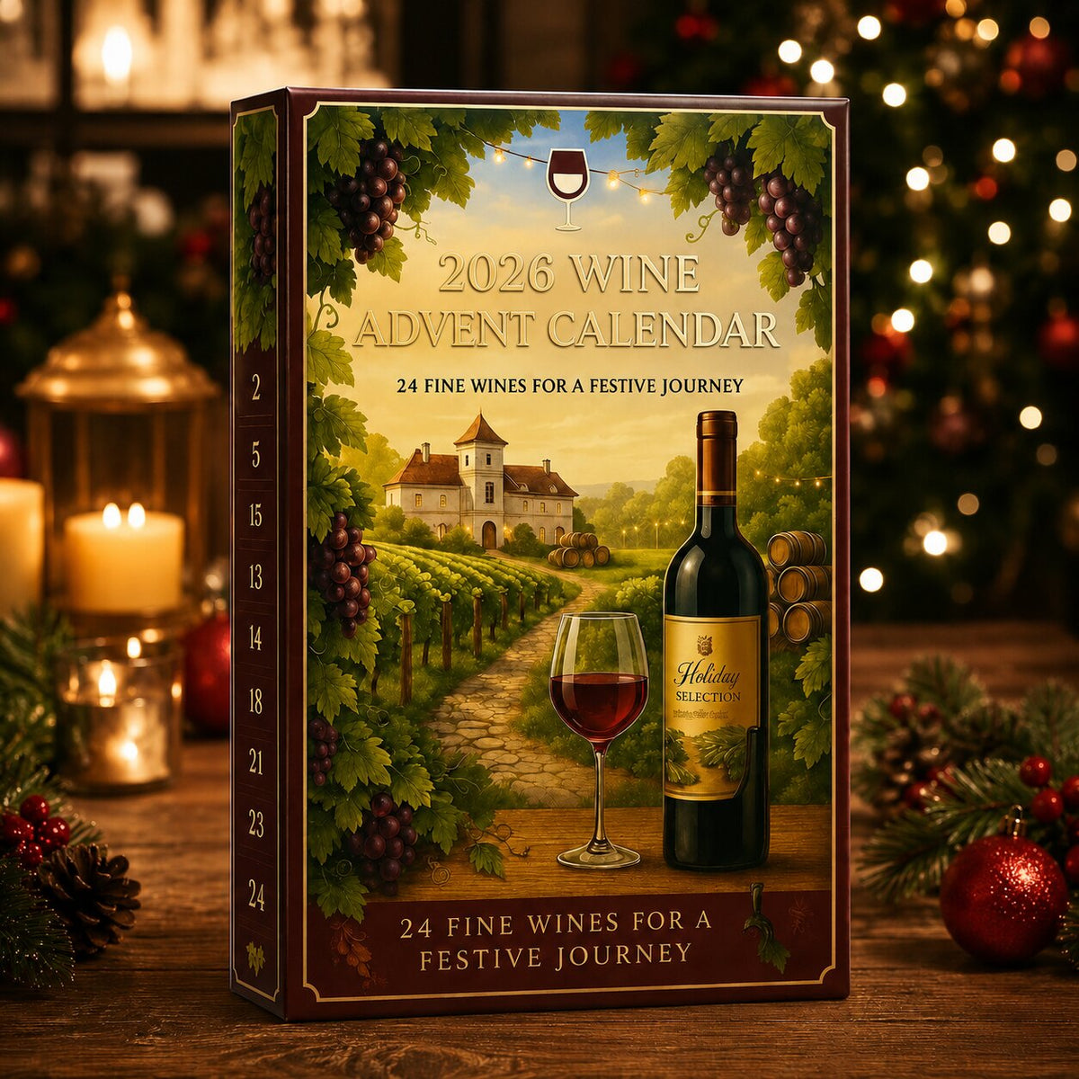 Coffret du calendrier de l'Avent vin 2026 avec décor de vignoble et cases numérotées