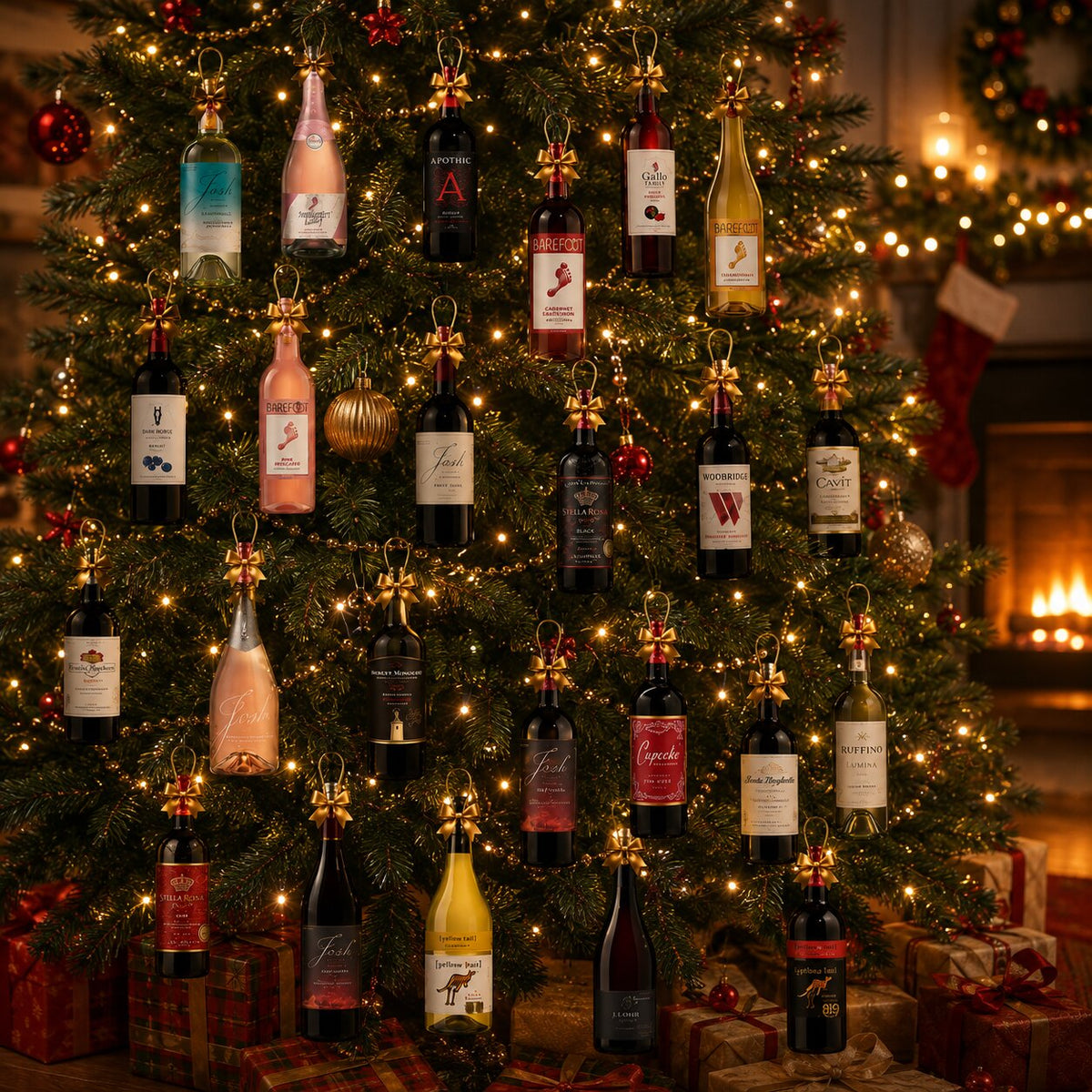 Ornements 2D bouteilles de vin suspendus dans un sapin de Noël décoré