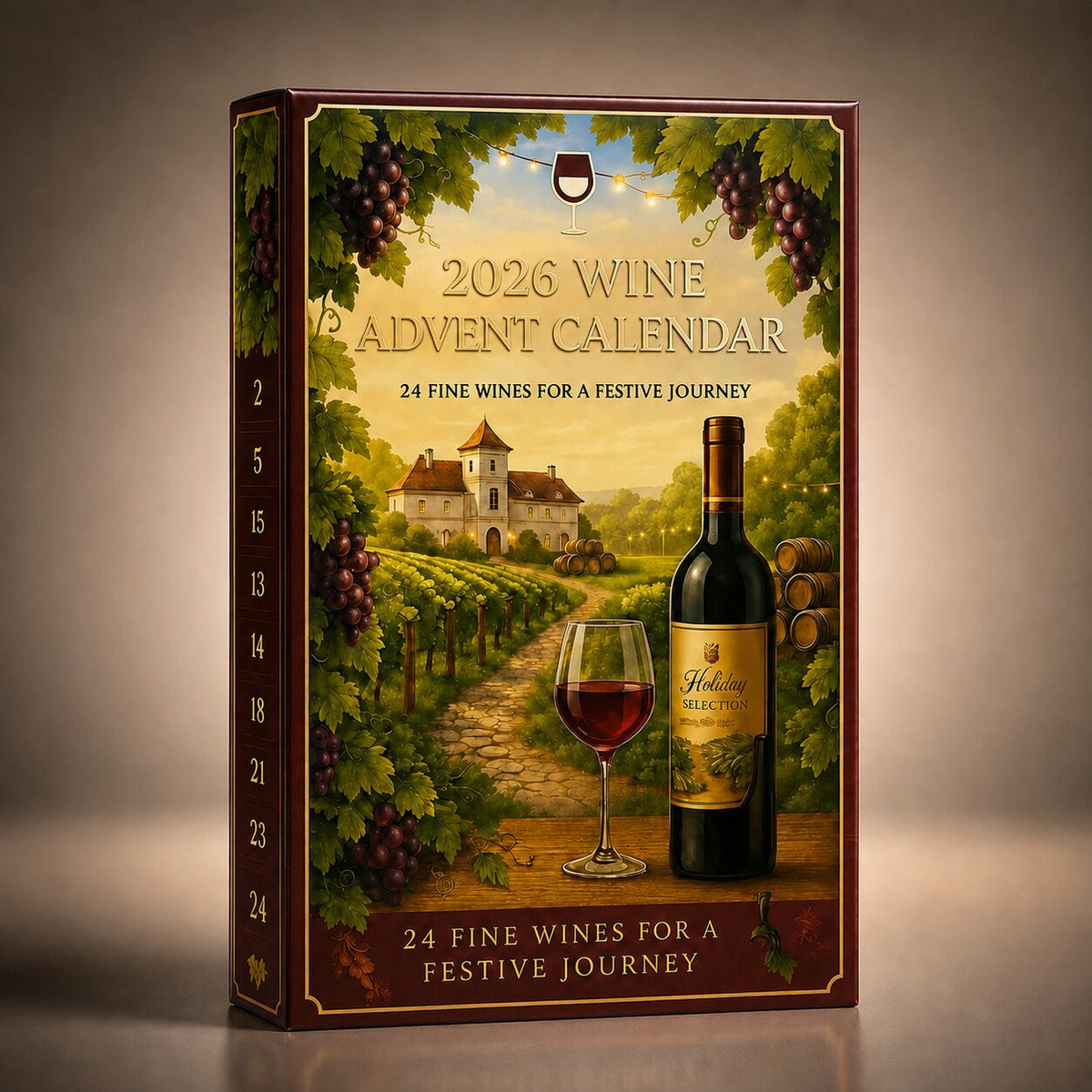 Coffret bordeaux du calendrier de l'Avent vin 2026 sur fond neutre