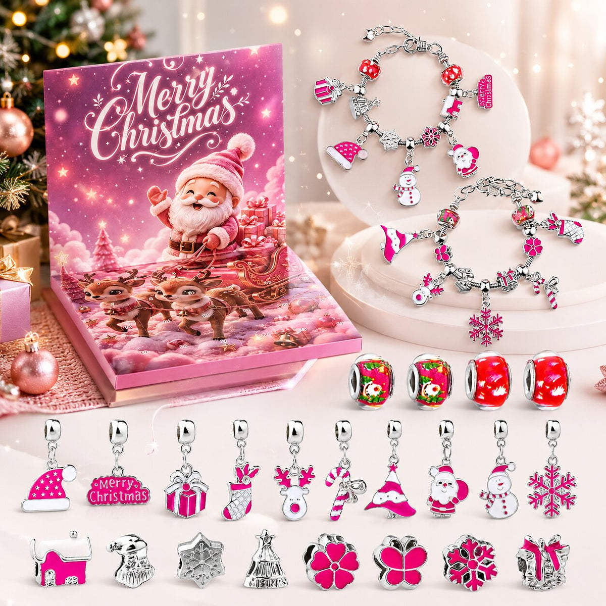 Calendrier de l'Avent bracelets ouvert avec perles et pendentifs de Noël roses