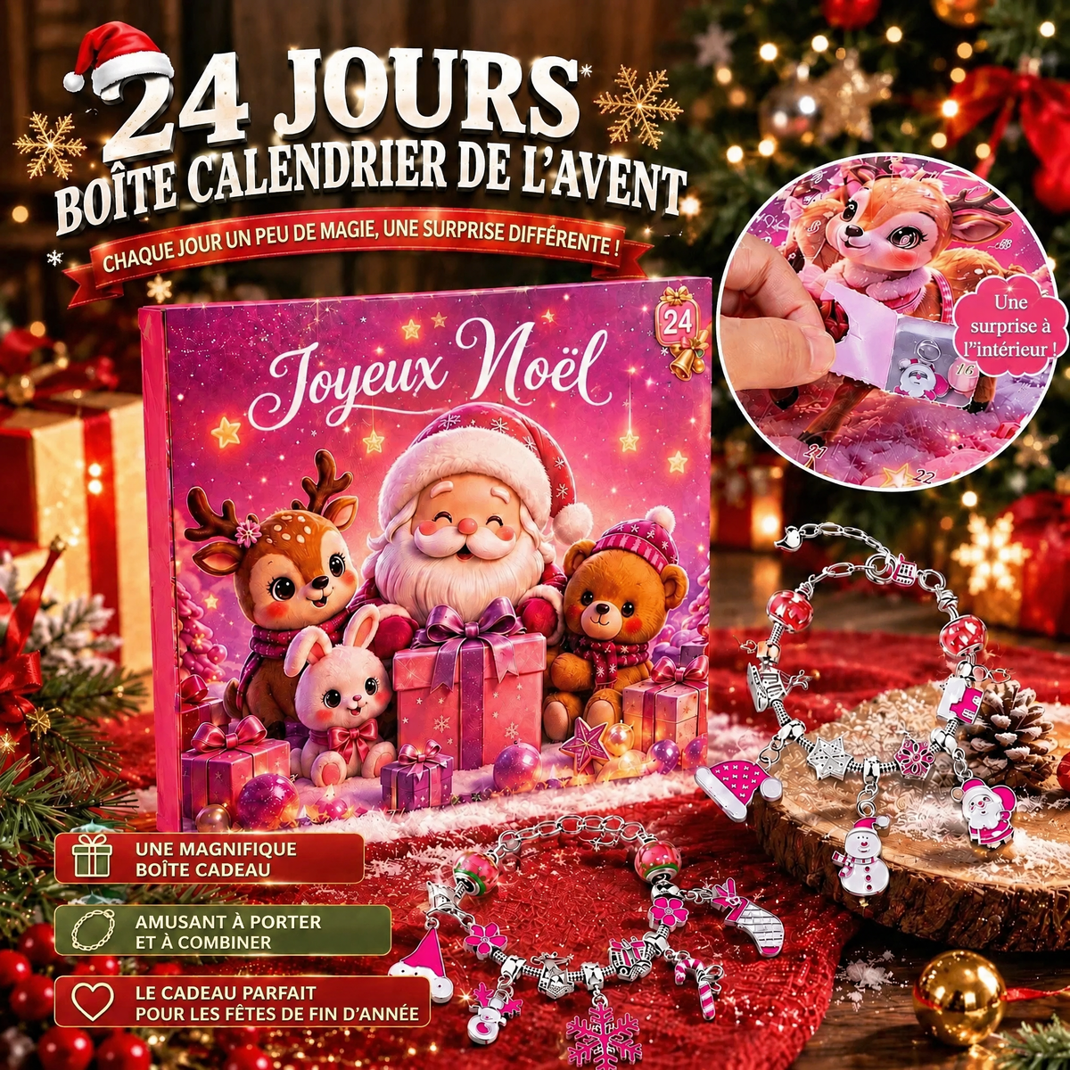 Boîte du calendrier de l'Avent 24 cases avec deux bracelets à charms festifs