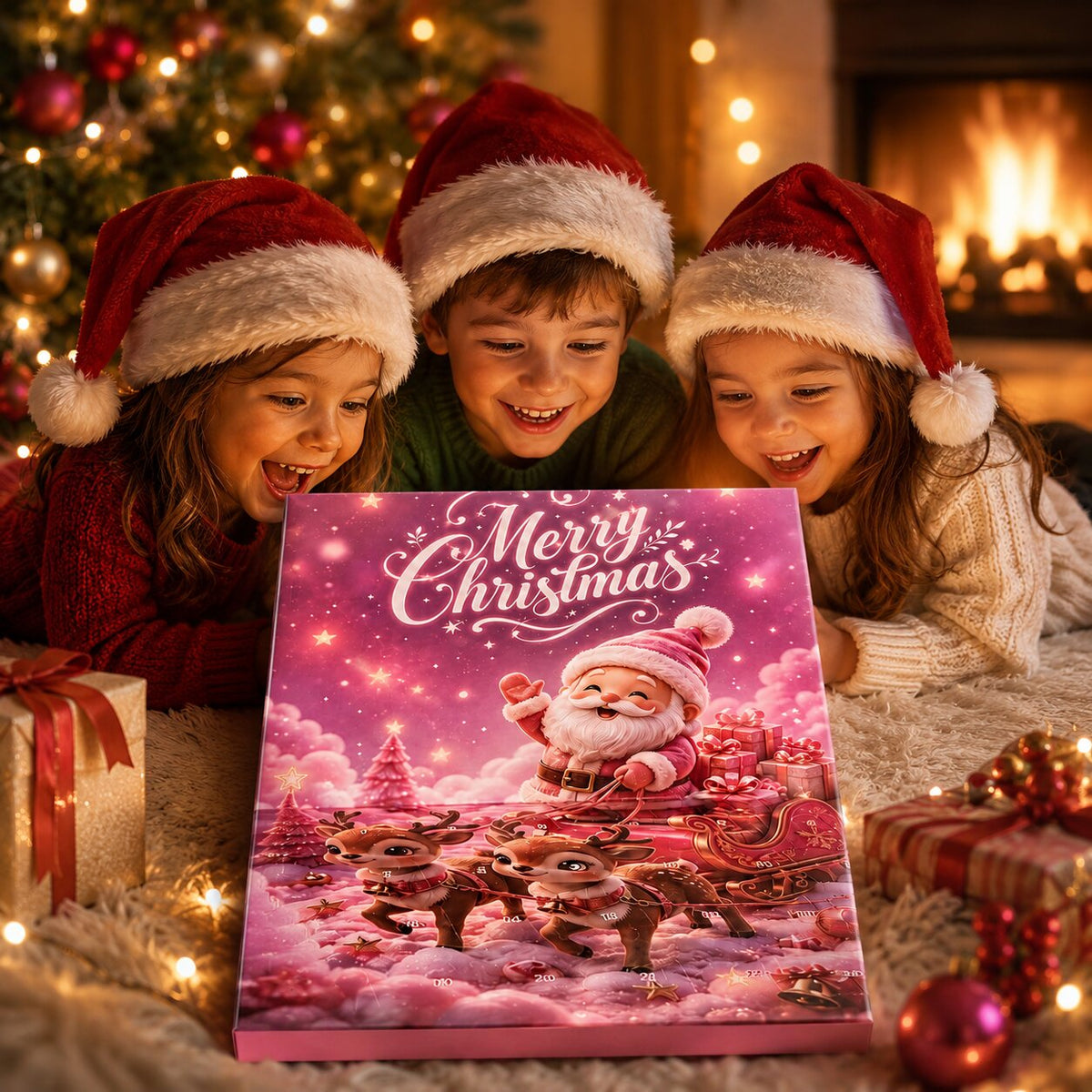 Enfants découvrant la boîte rose du calendrier de l'Avent de bracelets