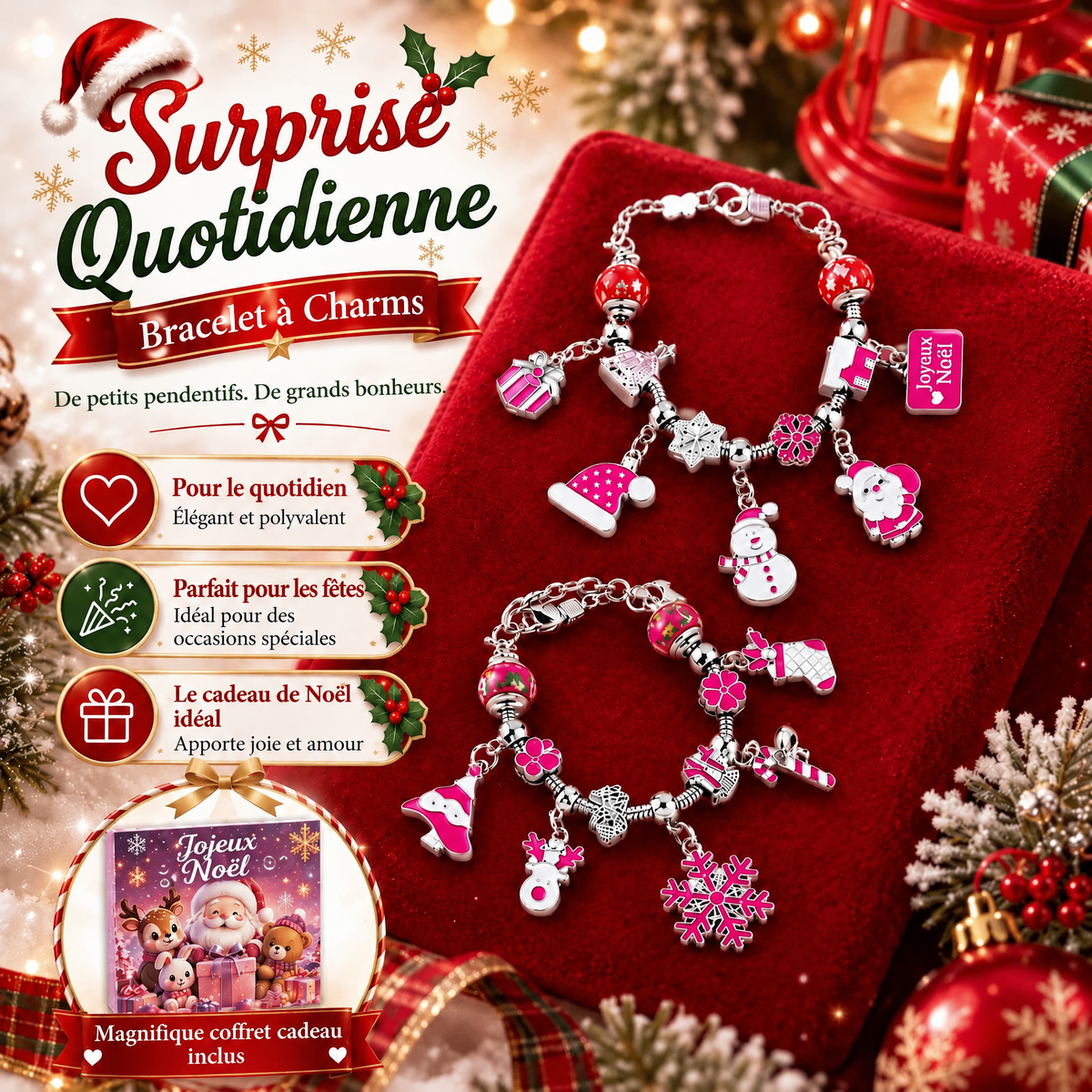 Bracelets à charms de Noël présentés sur un écrin rouge avec la boîte cadeau