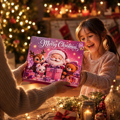Enfant recevant la boîte du calendrier de l'Avent de bracelets devant le sapin
