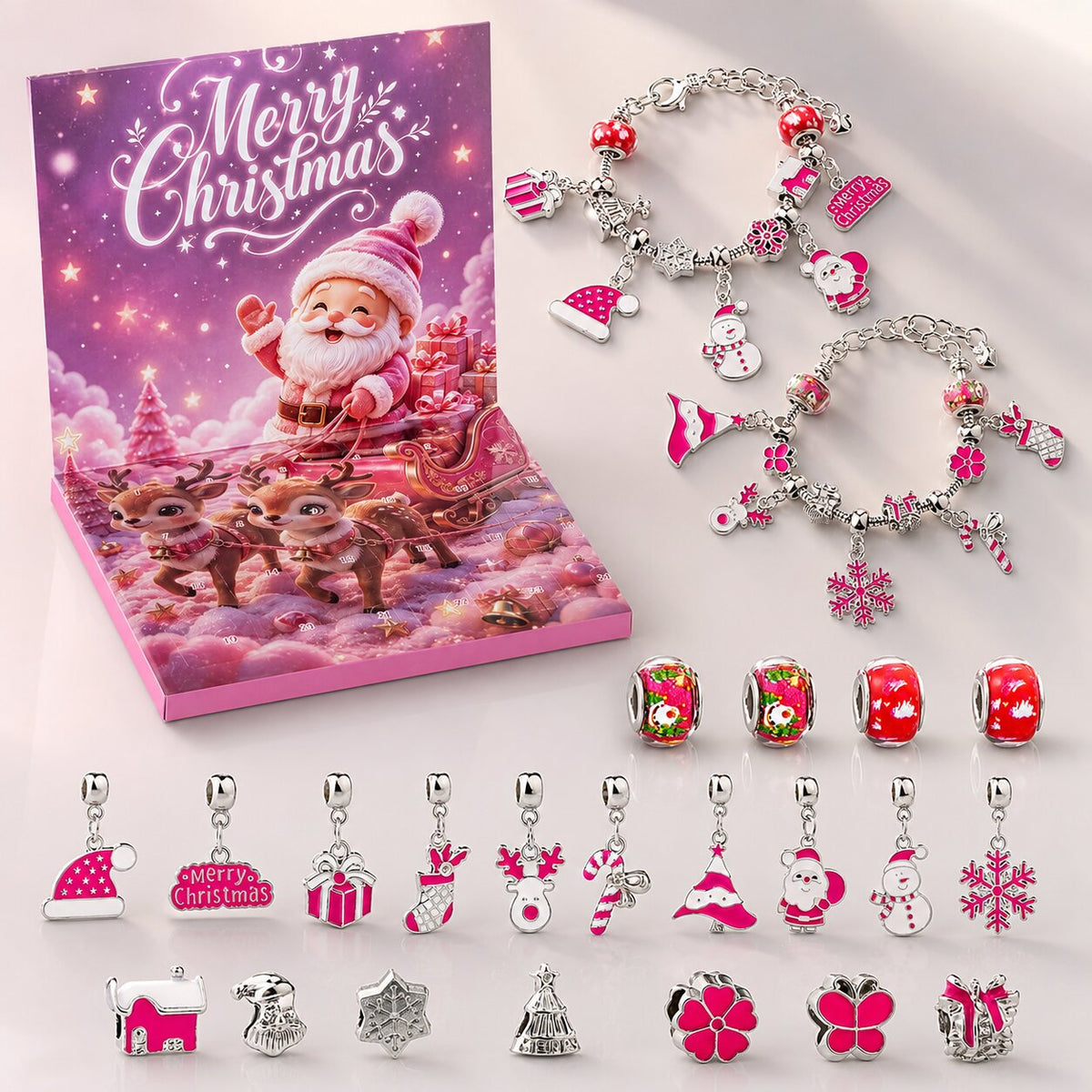 Contenu complet du calendrier : bracelets, perles colorées et pendentifs de Noël