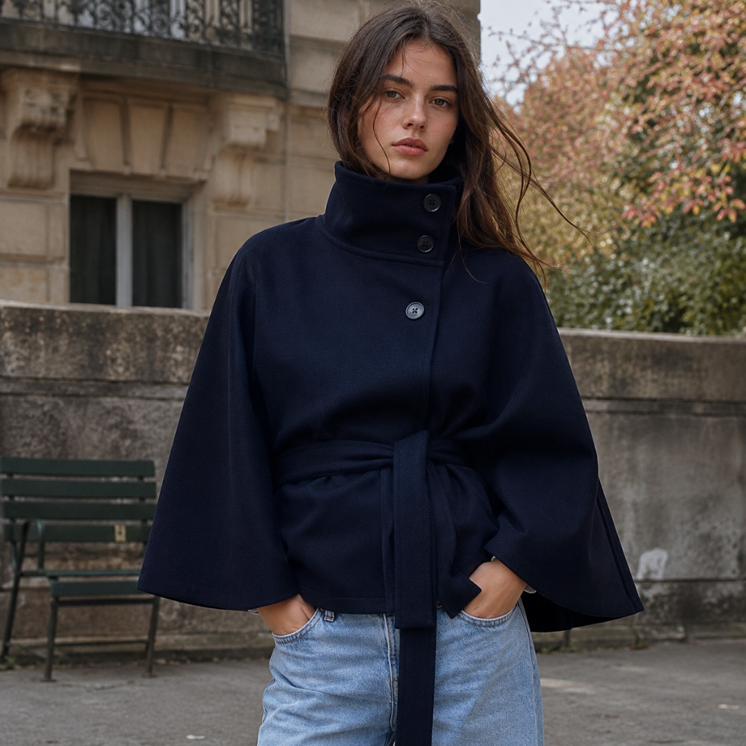 Cape femme bleu marine avec col montant boutonné et ceinture nouée