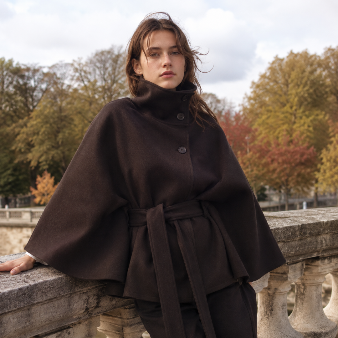 Cape femme marron à manches larges et ceinture nouée à la taille