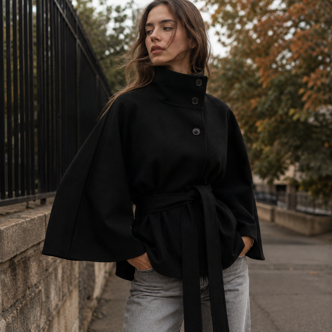 Cape femme noire à fermeture boutonnée en biais et manches larges