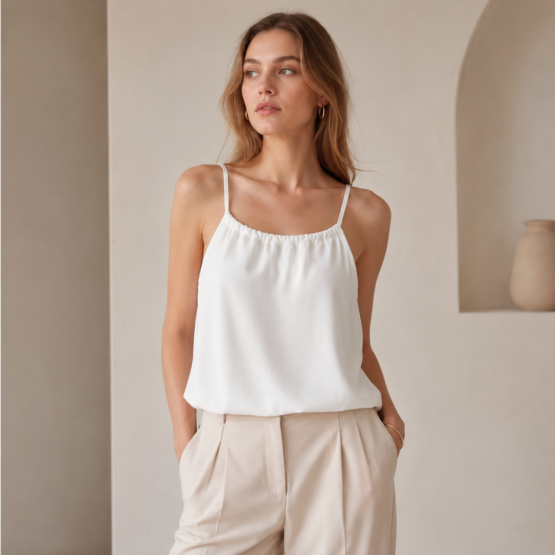 Caraco femme blanc à fines bretelles et encolure froncée, coupe fluide sur pantalon beige