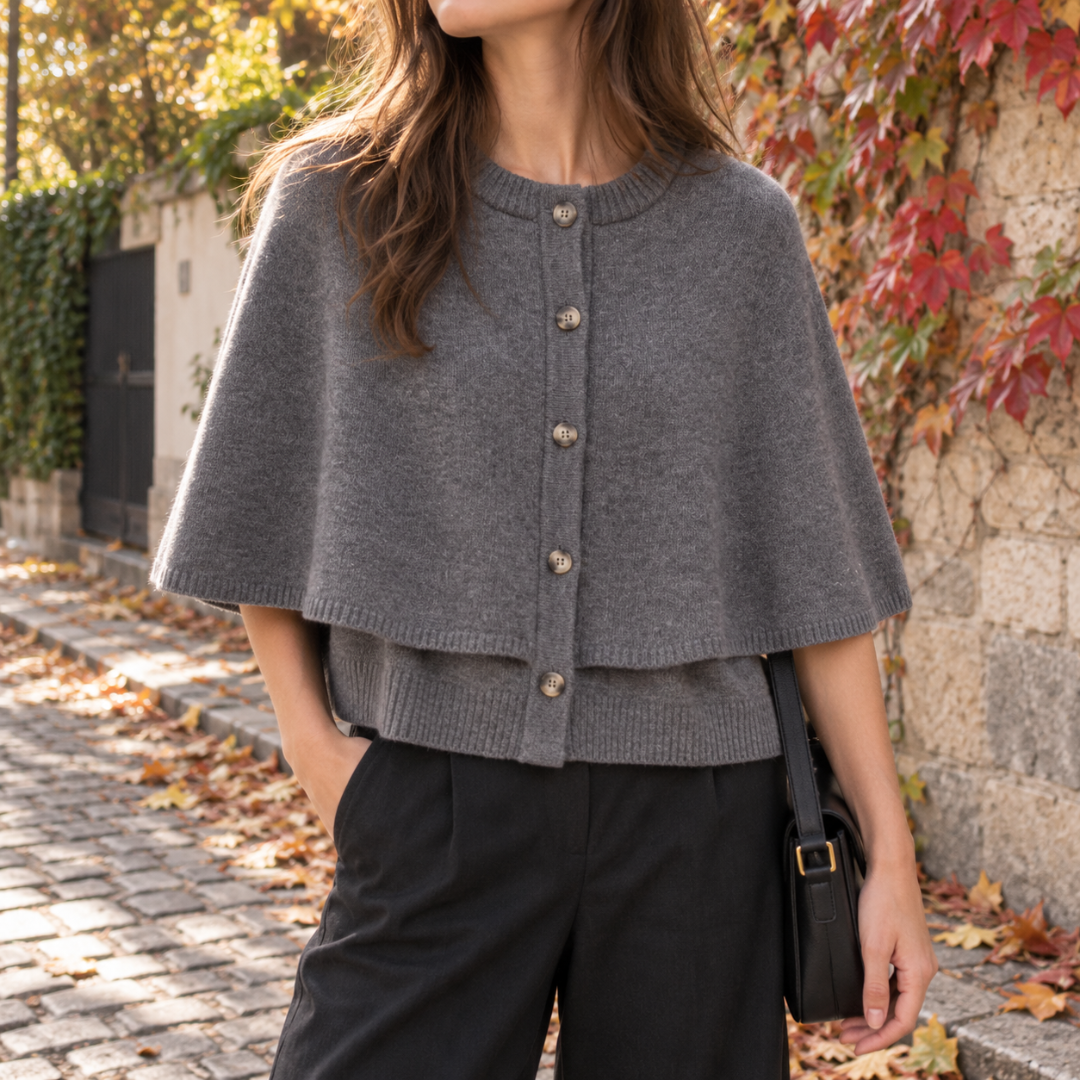 Cardigan cape gris femme en maille, manches courtes évasées et taille côtelée