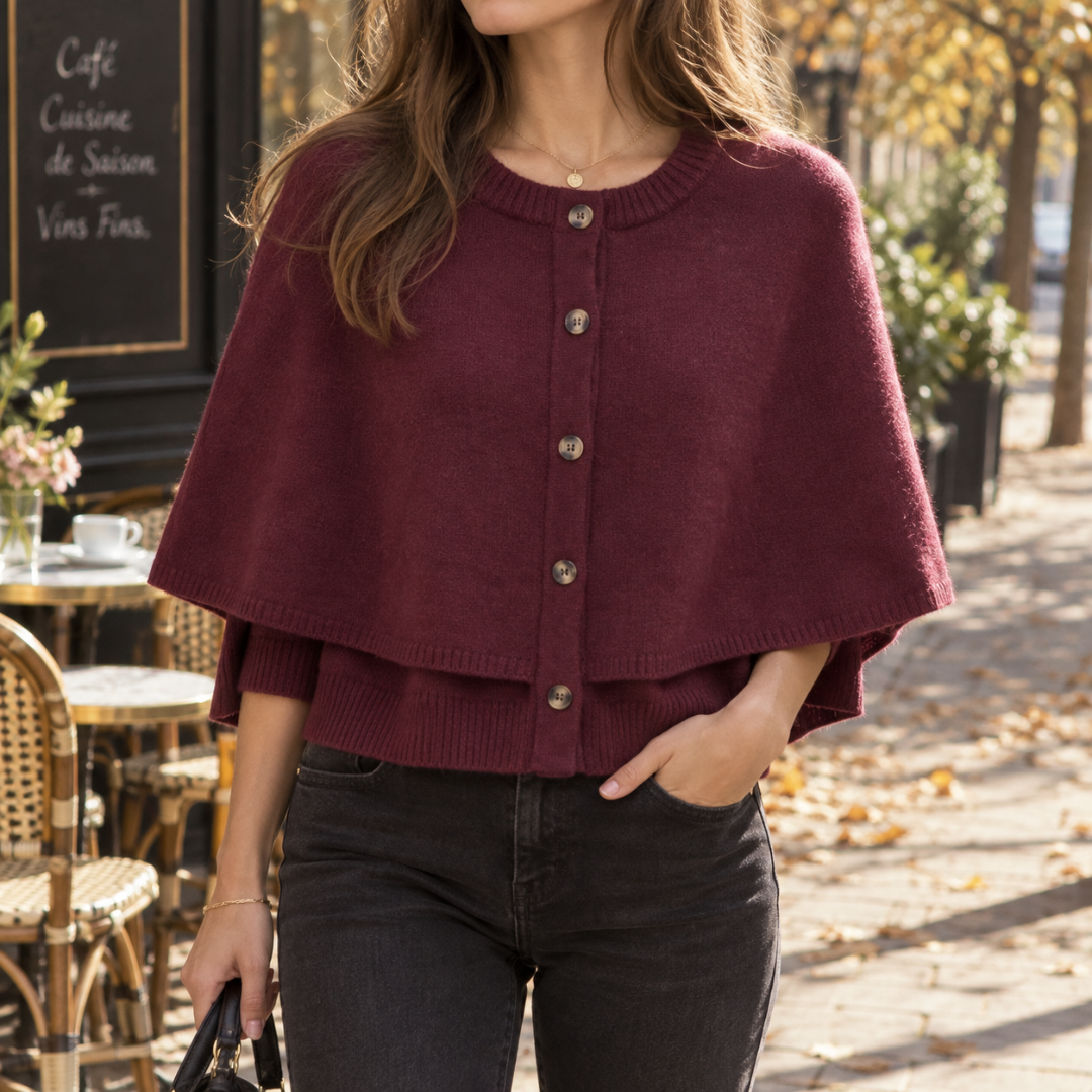 Cardigan cape rouge bordeaux en maille avec fermeture boutonnée sur le devant