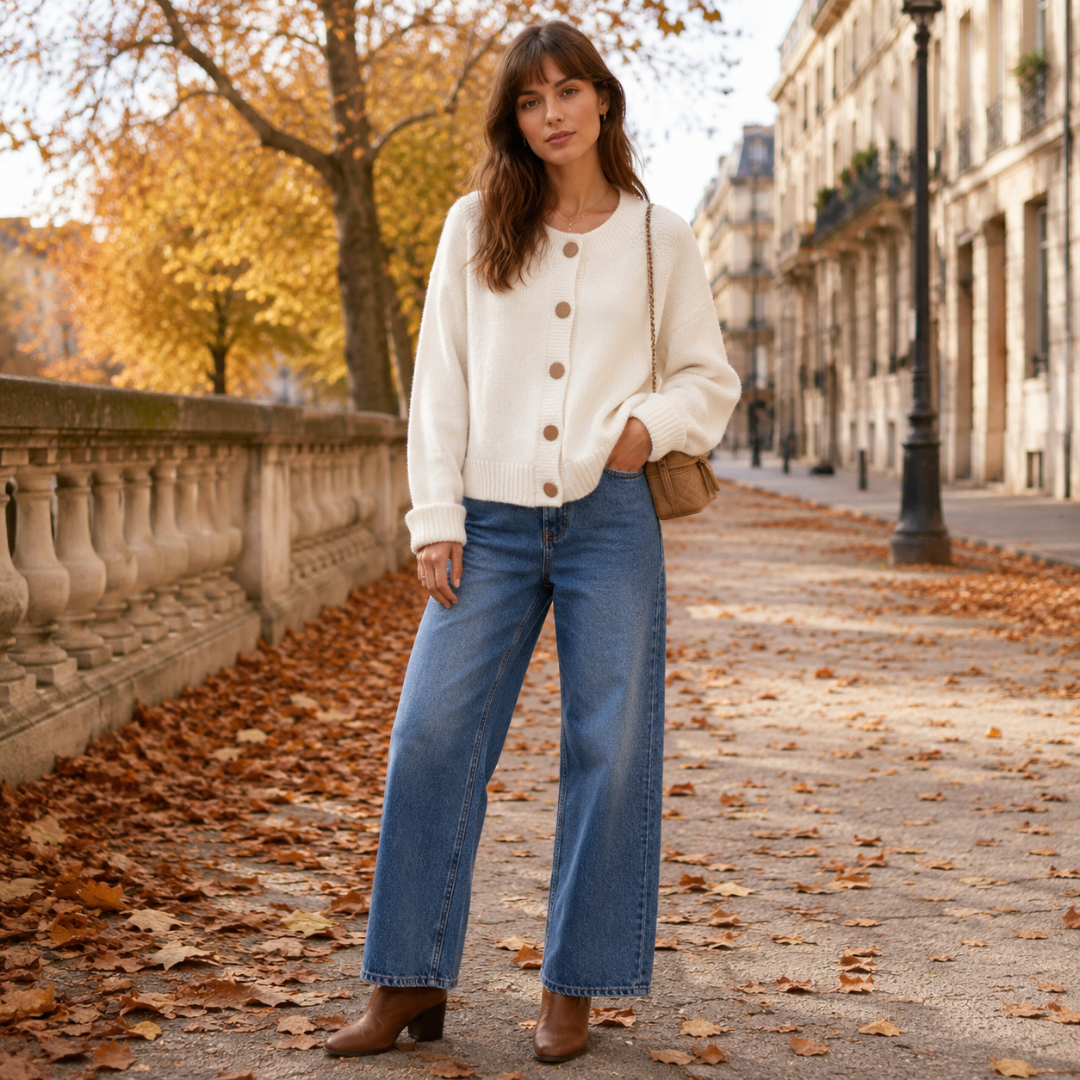 Cardigan femme blanc boutonné porté avec un pantalon large dans une rue parisienne automnale