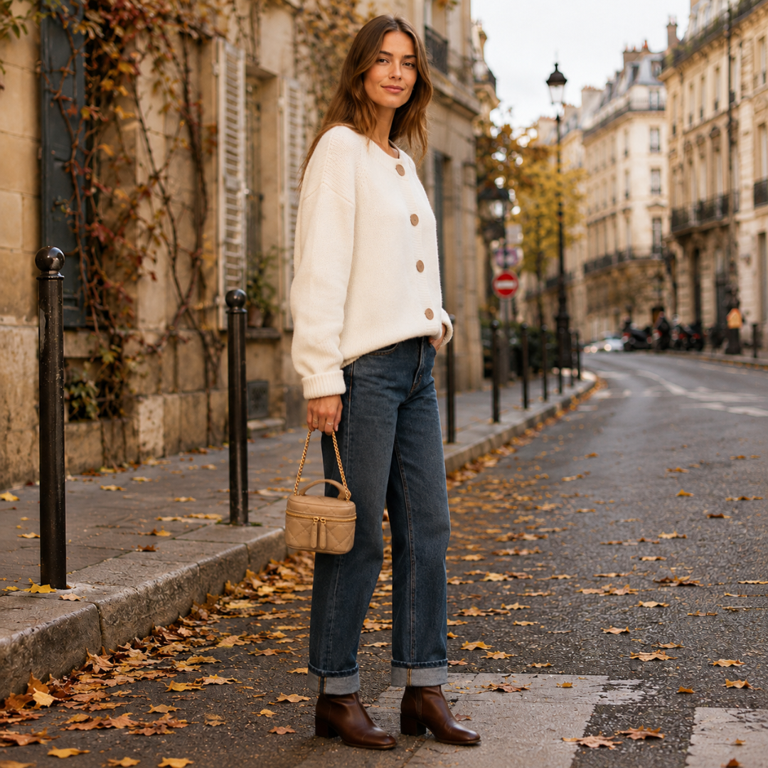 Silhouette de profil en cardigan blanc boutonné, bas côtelé et poignets repliés