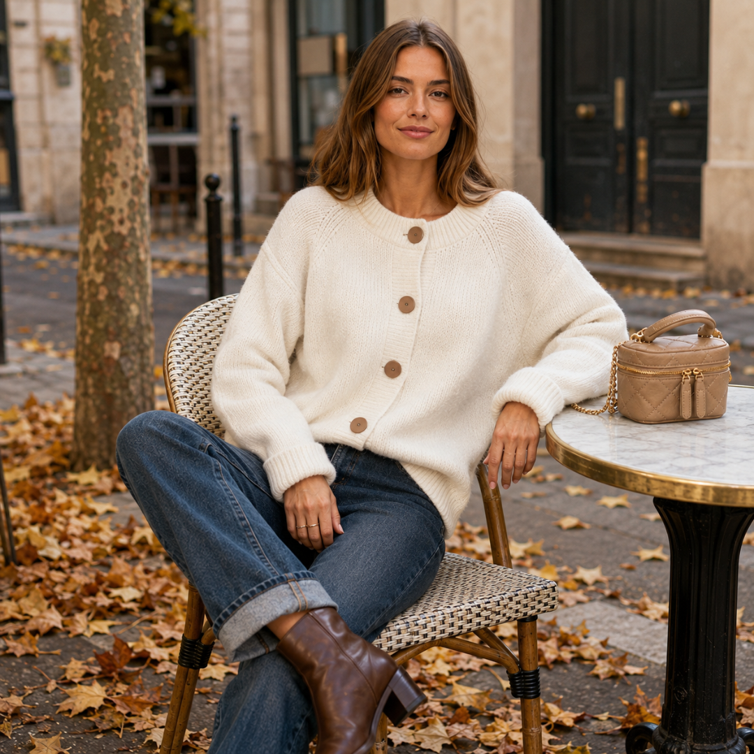 Femme assise en terrasse portant le cardigan blanc oversize aux boutons ronds beiges