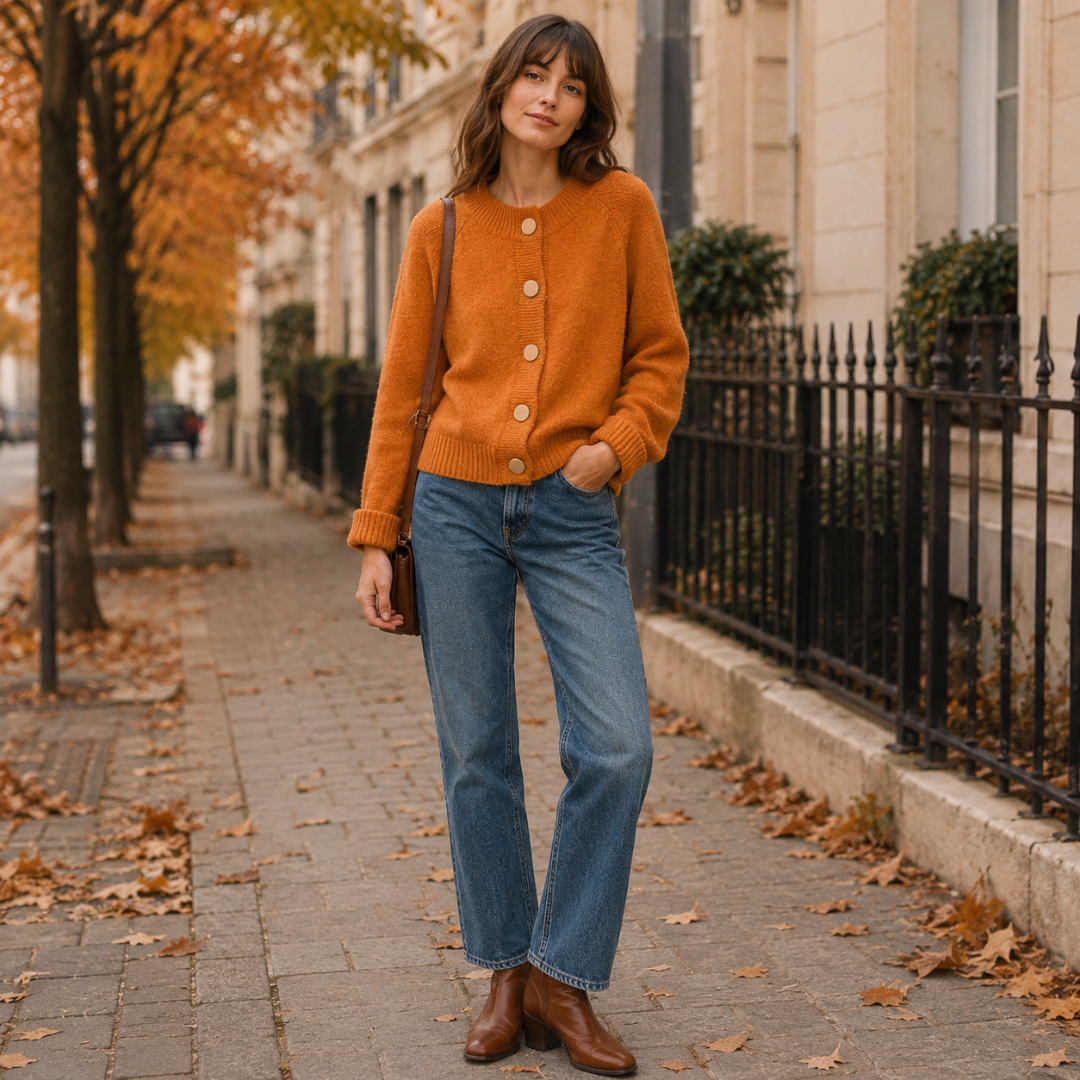 Cardigan femme orange boutonné devant, manches longues repliées et bas côtelé, look automne