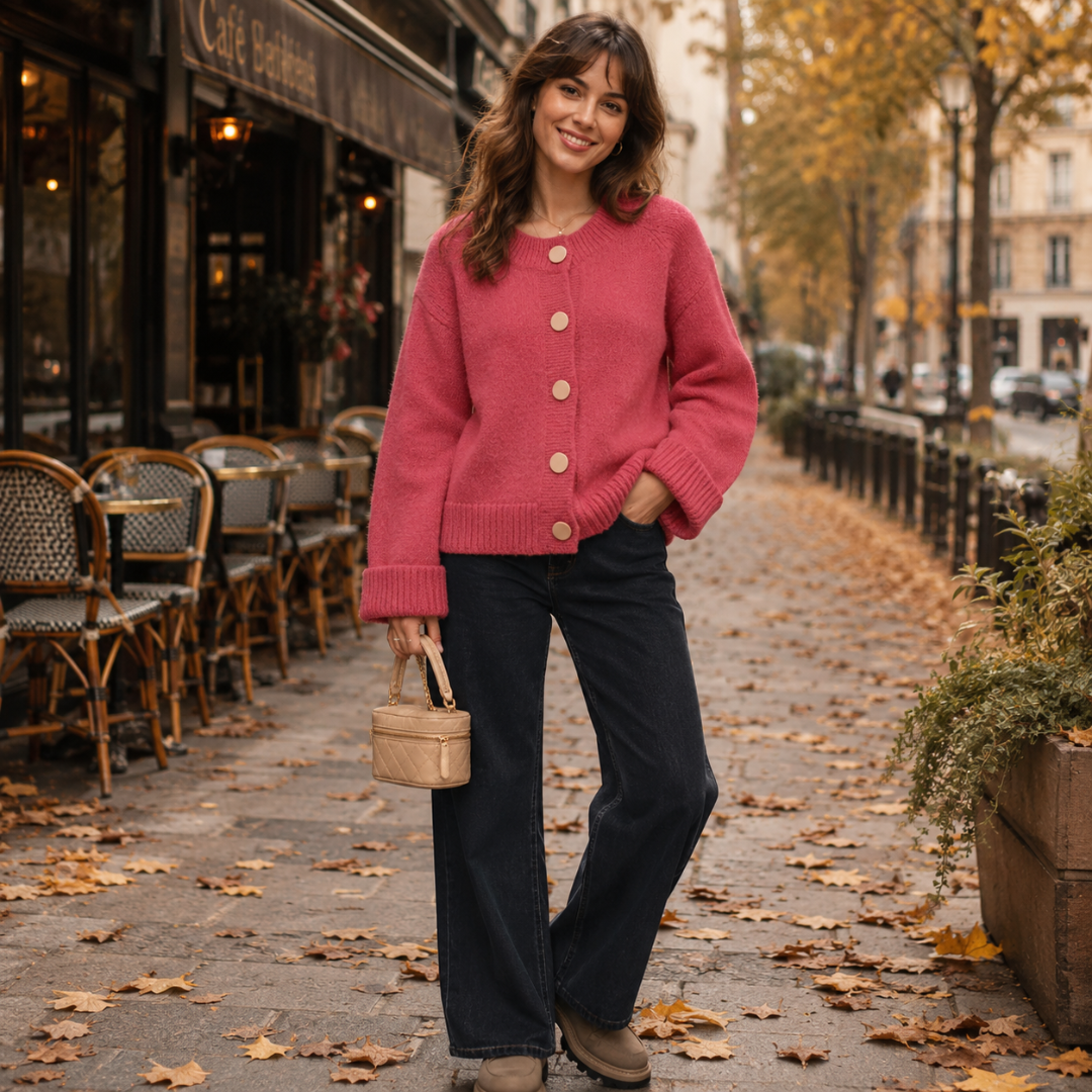 Cardigan femme rose vif boutonné, manches larges et poignets côtelés devant un café