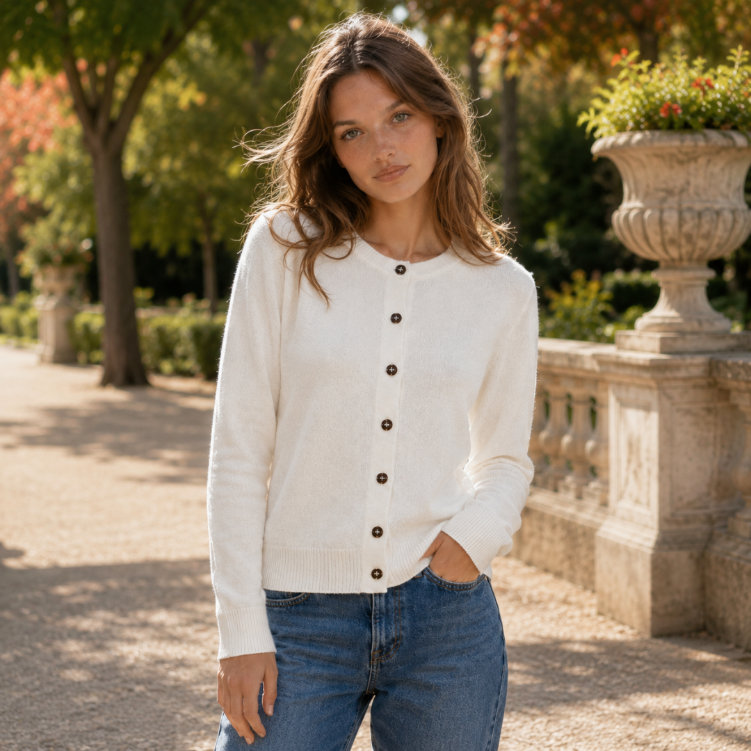 Cardigan femme blanc à col rond et boutons ronds foncés sur le devant