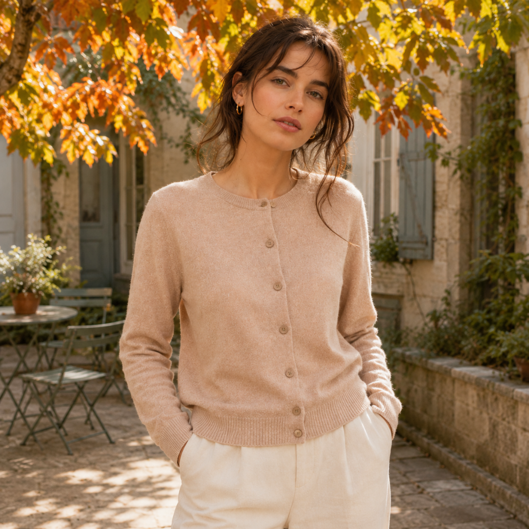 Cardigan femme kaki à col rond et boutonnage devant, bas côtelé