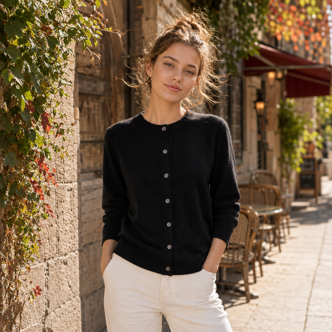 Cardigan femme noir à boutonnage devant, col rond et manches longues côtelées