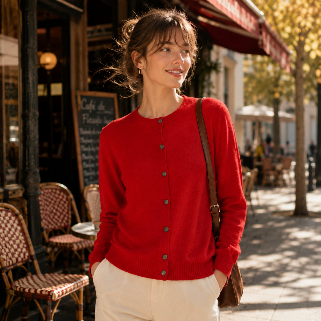 Cardigan femme rouge à col rond, boutons ronds et poignets côtelés