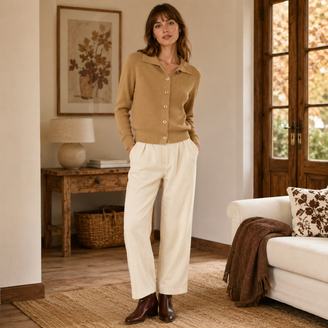 Cardigan camel en maille côtelée, cinq boutons dorés alignés sur le devant