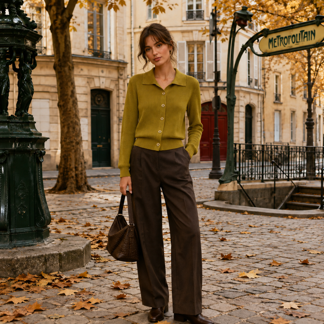 Cardigan vert olive à col polo ouvert, maille côtelée près du corps, ambiance automnale