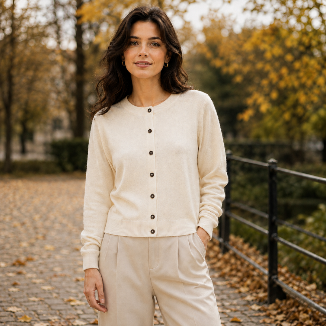 Cardigan femme beige à col rond boutonné, associé à un pantalon large clair