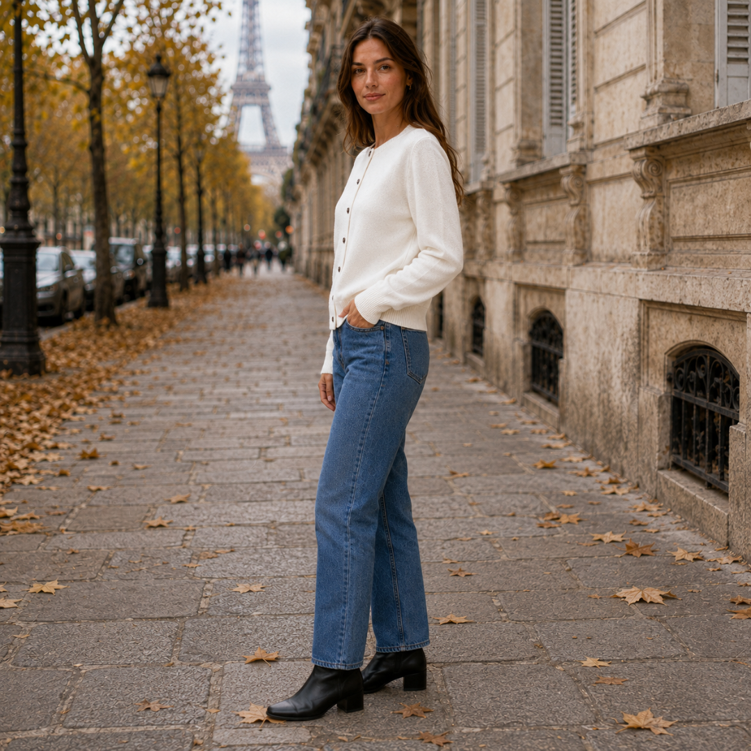 Cardigan blanc de profil, coupe droite raccourcie et poignets côtelés, allure urbaine