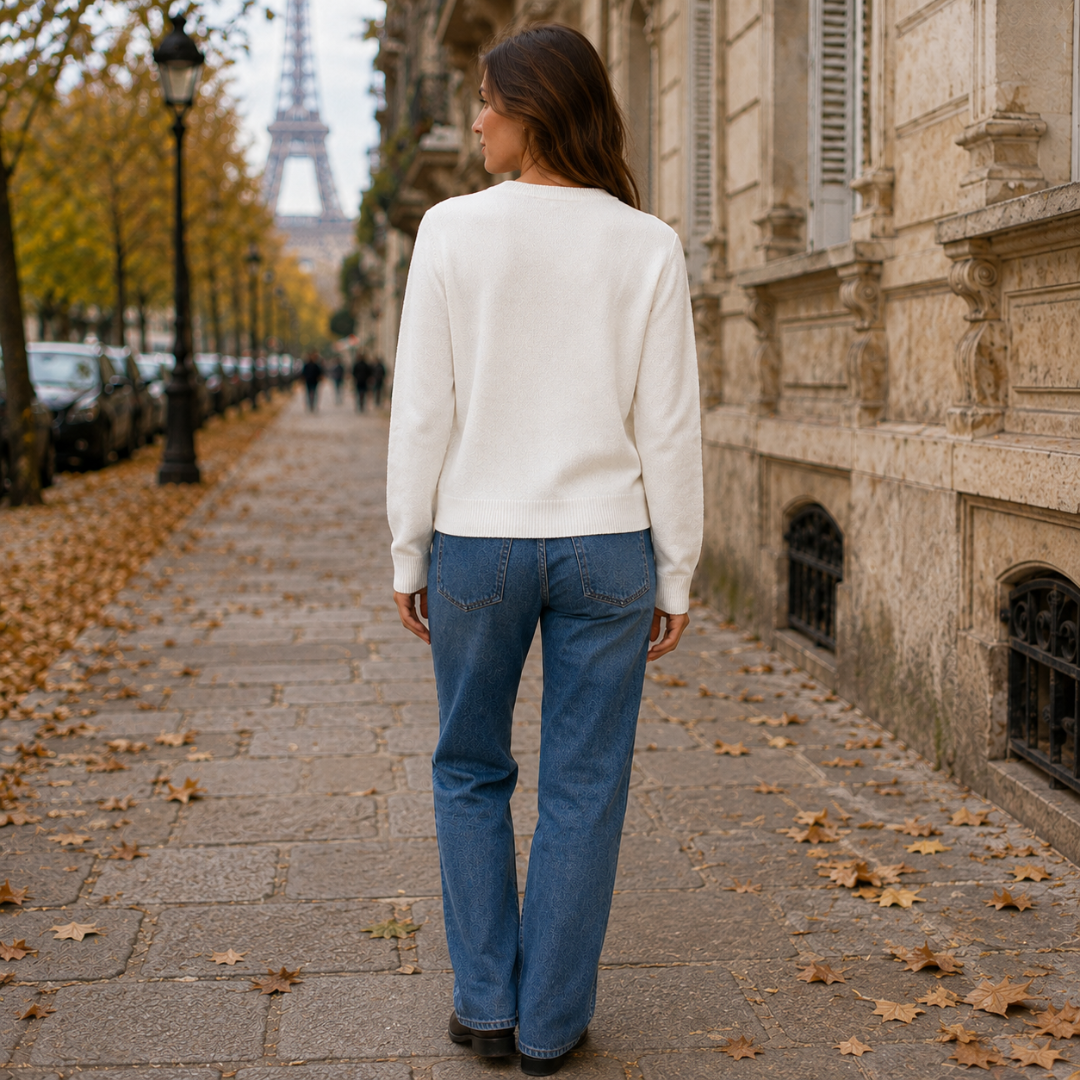Dos du cardigan femme blanc, bas côtelé et manches longues, maille lisse