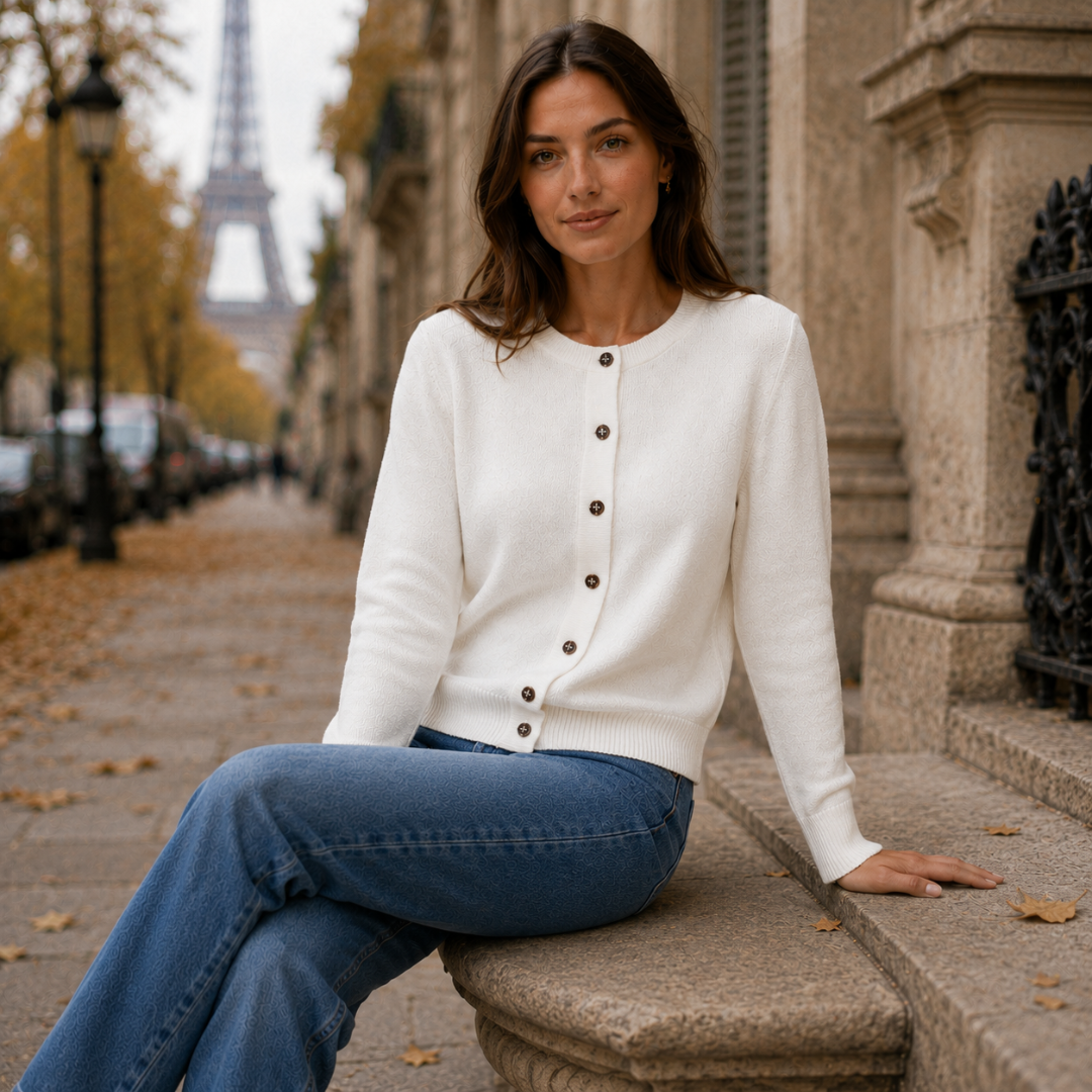 Cardigan blanc boutonné porté sur un banc en pierre, boutons foncés et col rond net