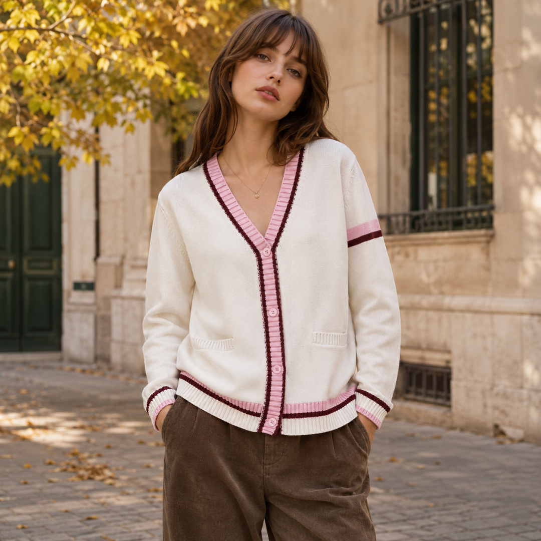 Cardigan femme blanc rose à col V boutonné avec bordures rayées et poches plaquées
