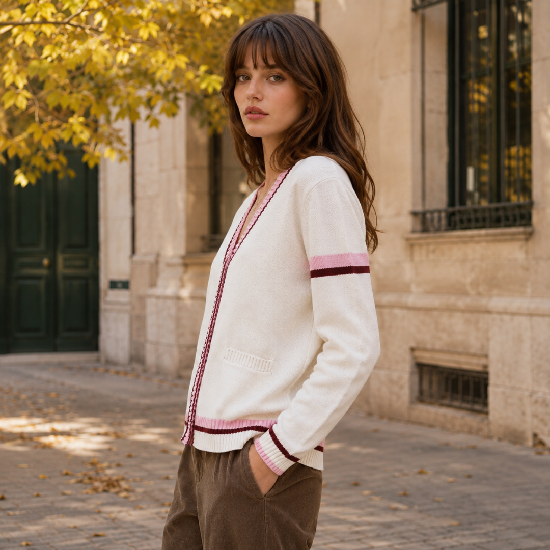 Vue de profil du cardigan blanc rose montrant la fine rayure sur la manche longue