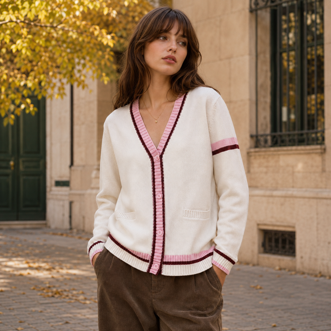 Cardigan femme blanc rose ouvert sur le bas avec bordure côtelée rayée contrastée