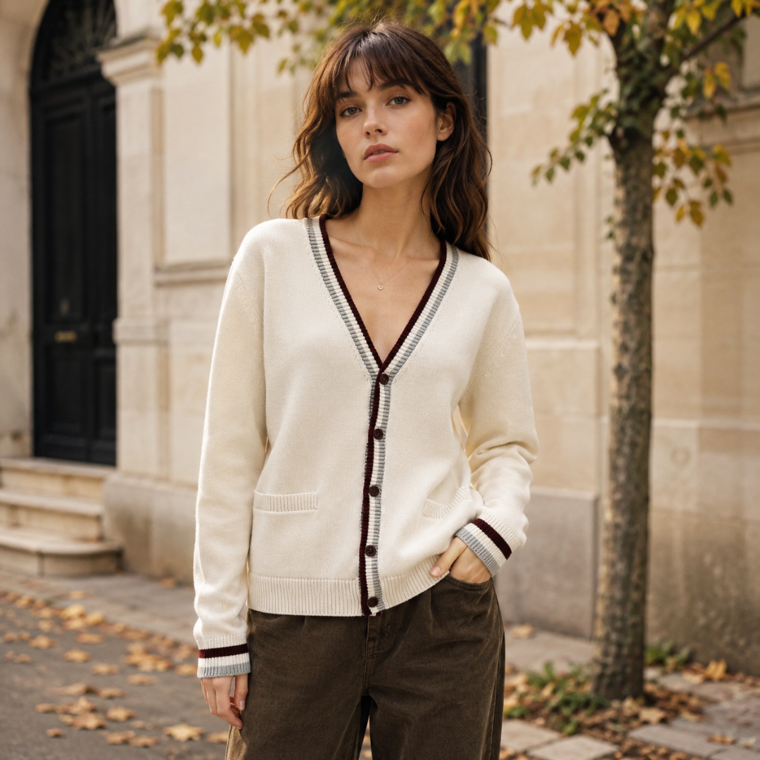 Cardigan femme blanc à col V boutonné avec bordures rayées gris et bordeaux
