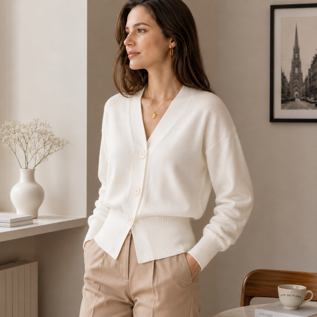 Cardigan blanc femme boutonné, bas côtelé marquant la taille, manches longues souples
