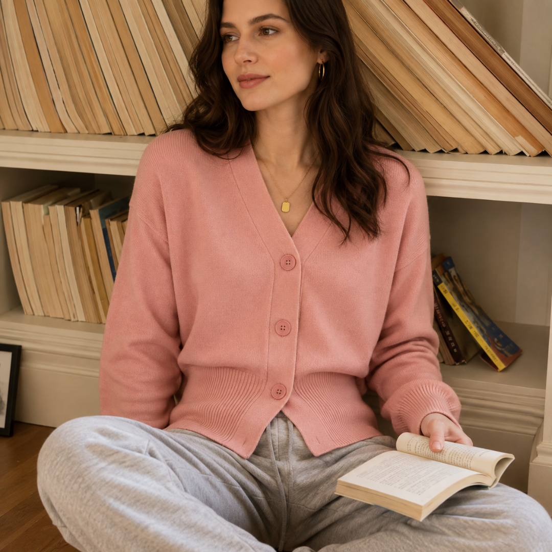 Cardigan femme rose poudré à col V et boutons assortis, allure douce et décontractée