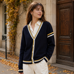 Cardigan femme bleu marine à col V boutonné avec bordures rayées jaunes et blanches