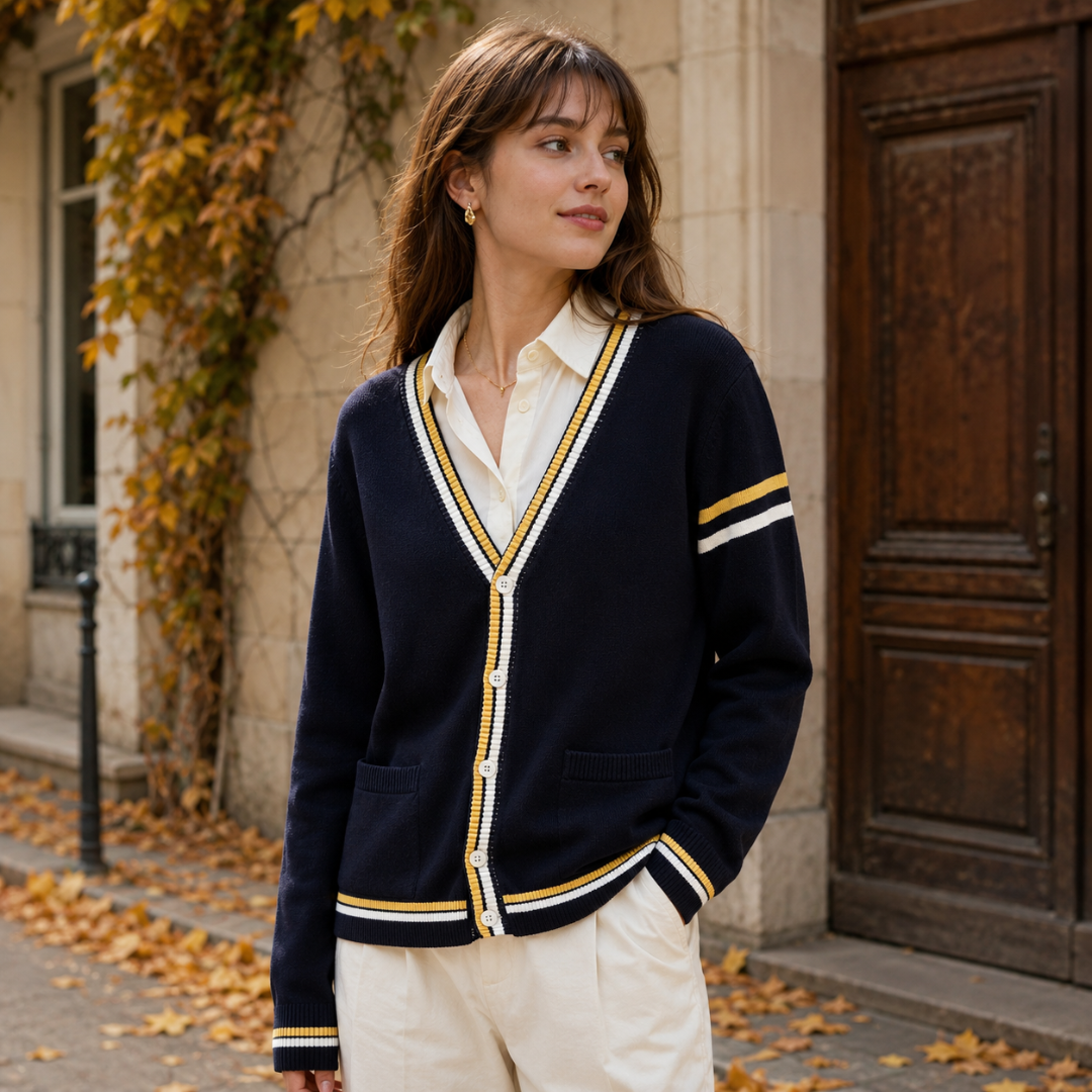 Cardigan femme bleu marine à col V boutonné avec bordures rayées jaunes et blanches
