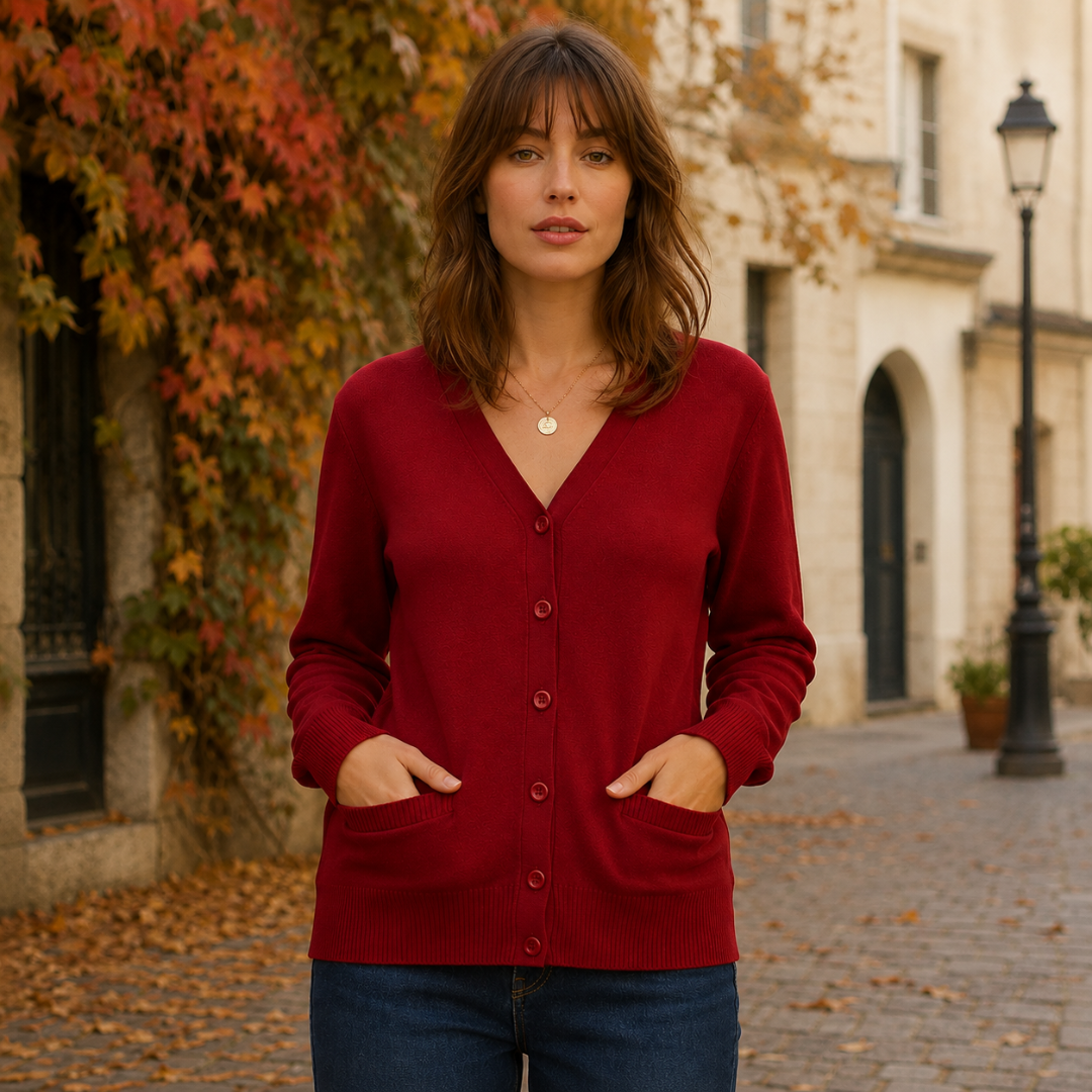 Cardigan femme rouge à col V boutonné, mains dans les poches plaquées