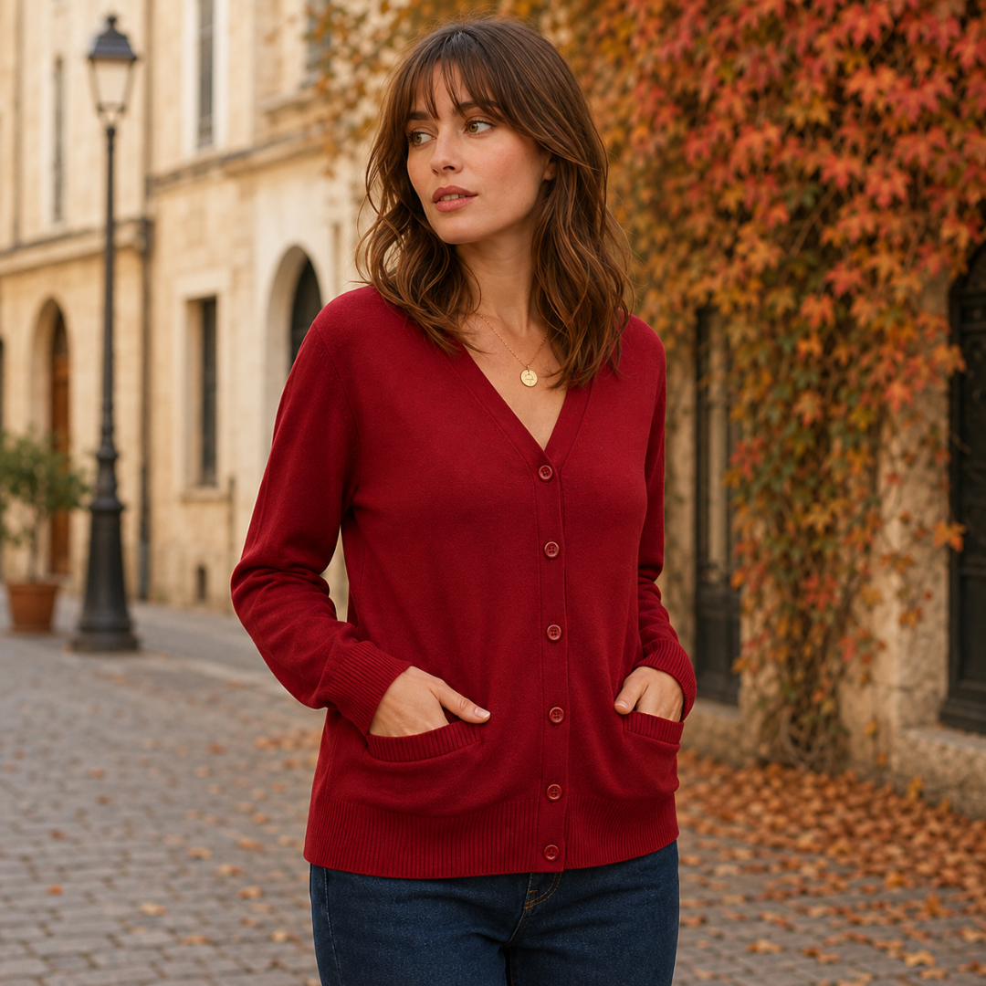 Cardigan rouge col V avec deux poches plaquées et base côtelée