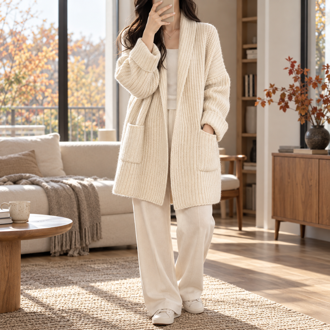 Cardigan femme blanc en grosse maille porté ouvert avec poches plaquées