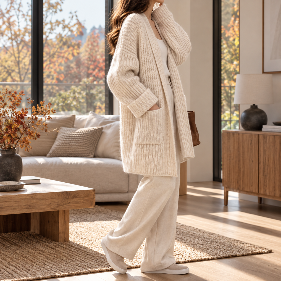 Vue de profil du cardigan blanc long en maille côtelée et col châle