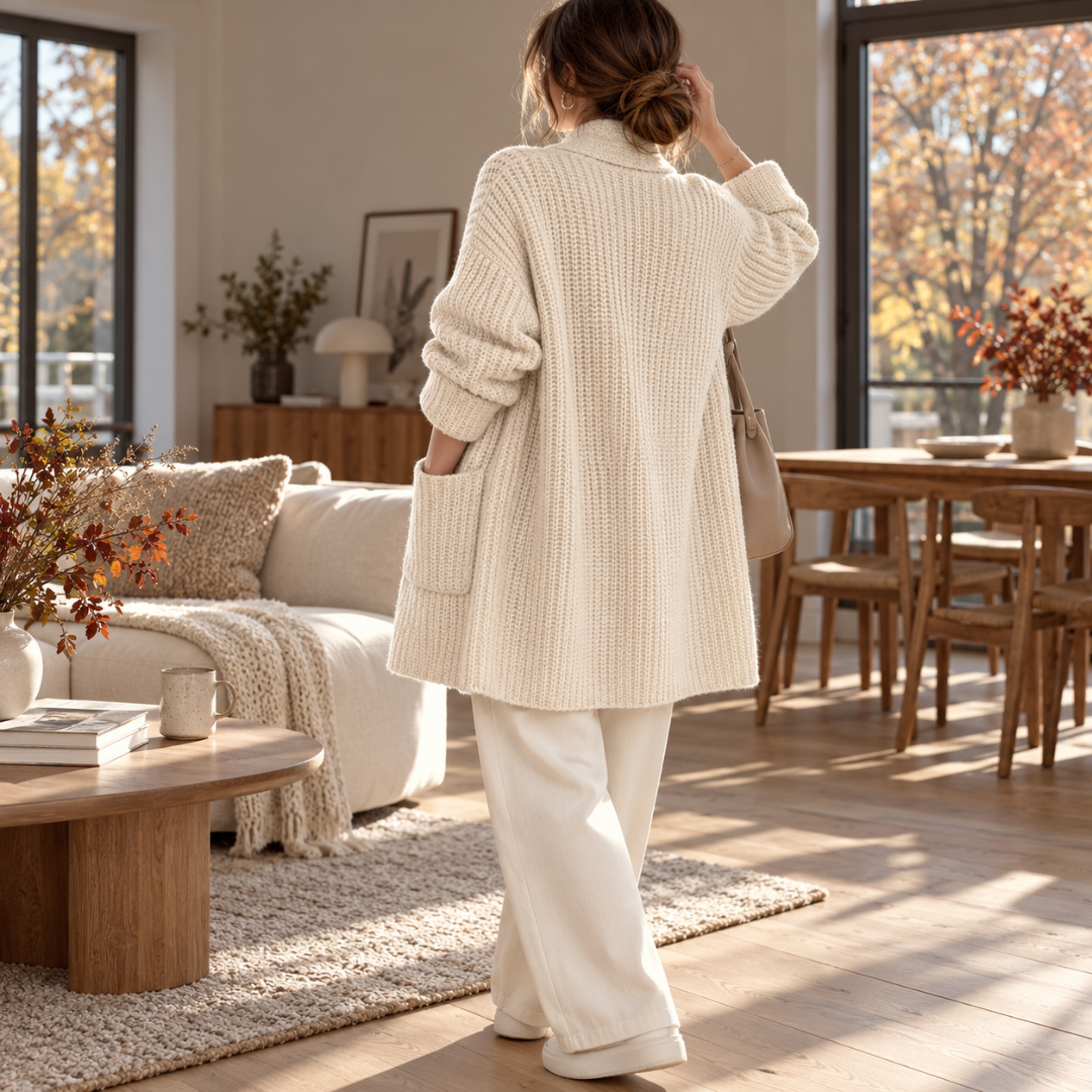 Dos du cardigan femme blanc en grosse maille avec poche plaquée latérale