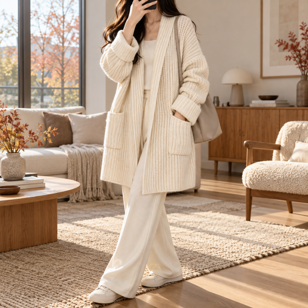 Cardigan blanc ouvert sur un top clair et un pantalon large