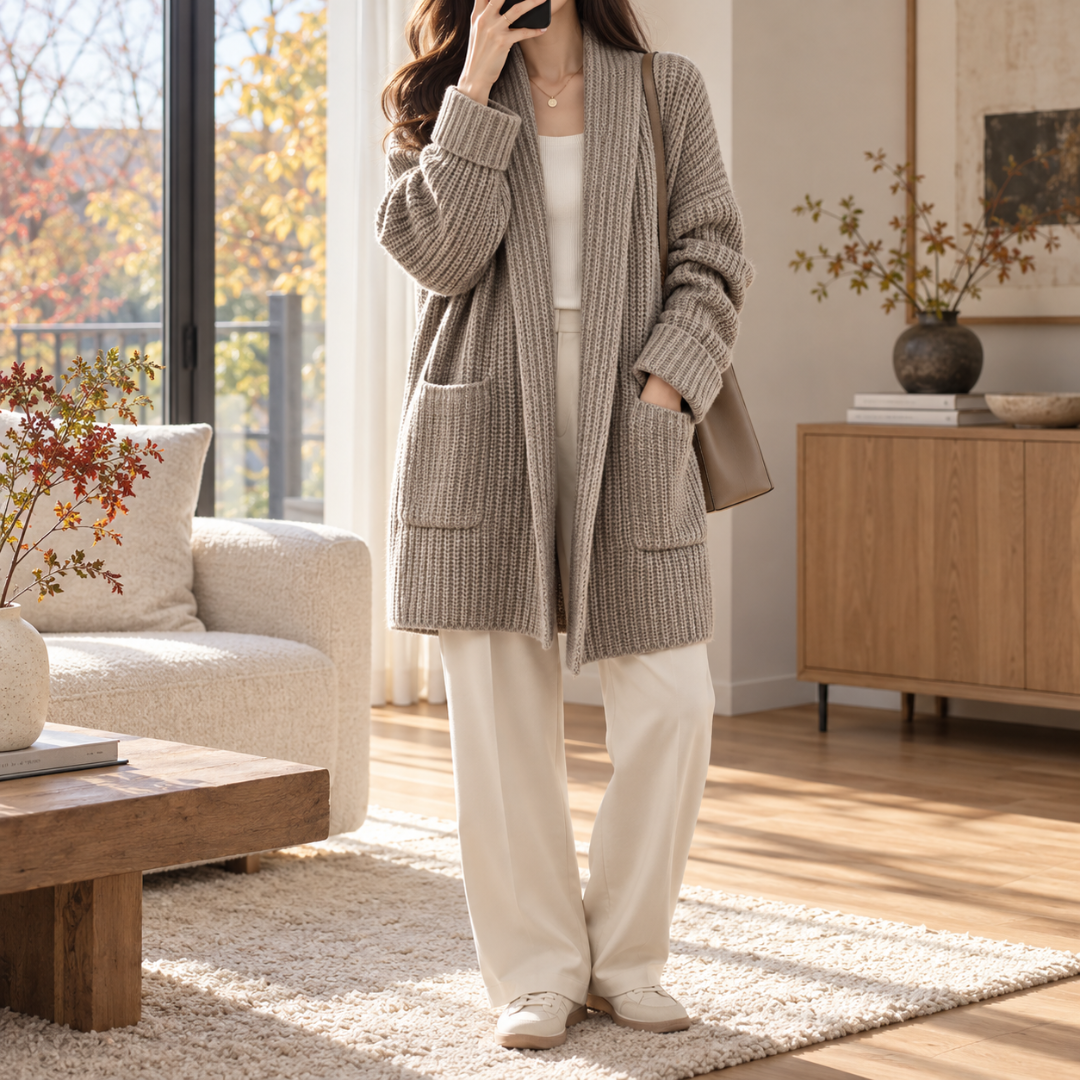 Cardigan femme gris kaki en grosse maille côtelée avec col châle