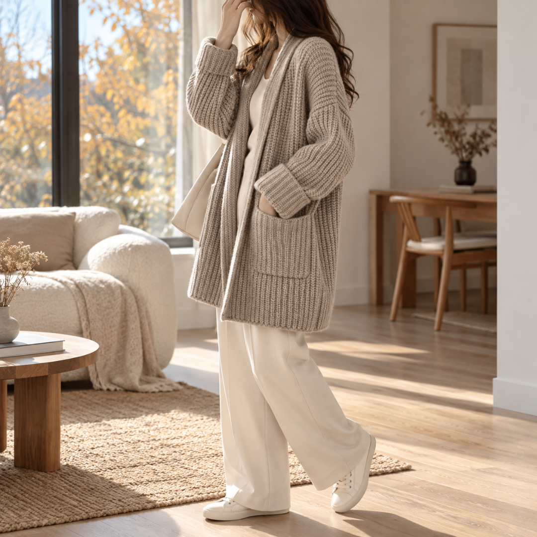 Cardigan gris kaki de profil, une main glissée dans la poche plaquée