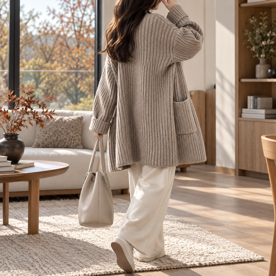 Dos du cardigan gris kaki long en maille côtelée et manches longues